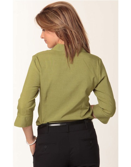 A women's 3/4 sleeve shirt in olive green, featuring a collar and a back view with rolled sleeves.