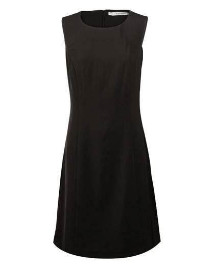 A sleeveless black women's shift dress with a fitted bodice and a flared skirt. It features a back zip and a simple design.