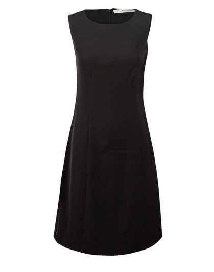 A sleeveless black shift dress with a simple, elegant design and a round neckline. It features a branding logo.