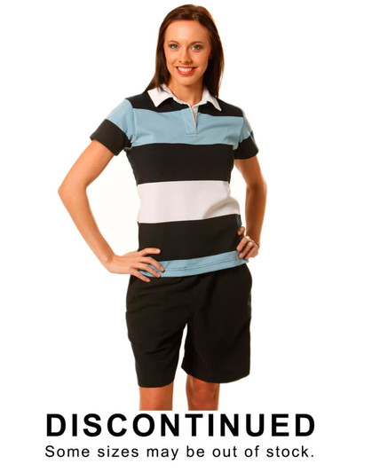 A ladies' short sleeve rugby top featuring horizontal stripes in blue, white, and black, with a collar and logo.