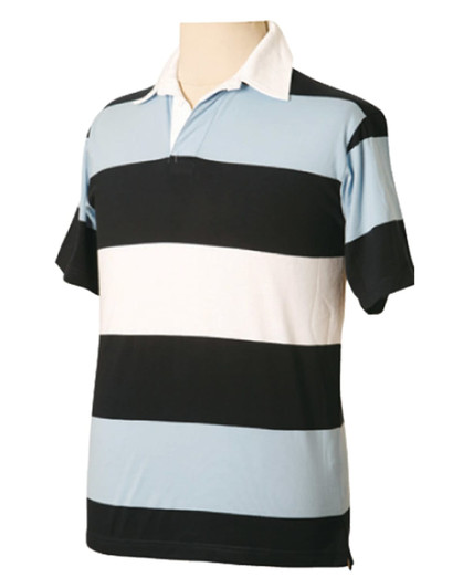 A short sleeve rugby top featuring horizontal stripes in light blue, white, and black colours, with a collar and logo.