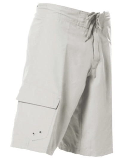 Men's surf shorts in light grey polyester with a peach finish, featuring a side cargo pocket and a drawstring waistband.