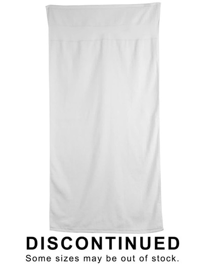 A white terry velour beach towel measuring 75x150 cm, with a logo displayed on it.