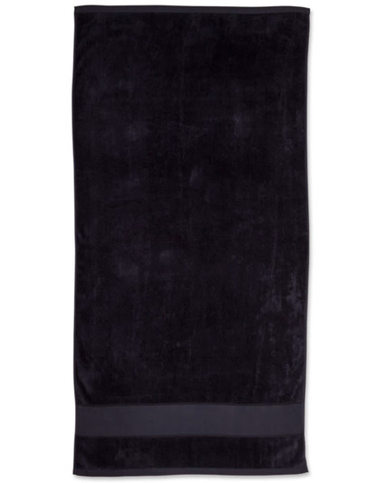 A dark, terry velour beach towel measuring 75x150 cm, featuring a simple design with a logo.
