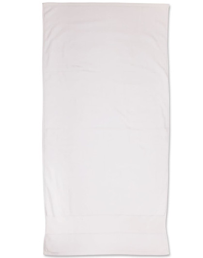 A terry velour beach towel in a soft white colour measuring 75x150 cm, featuring branding.