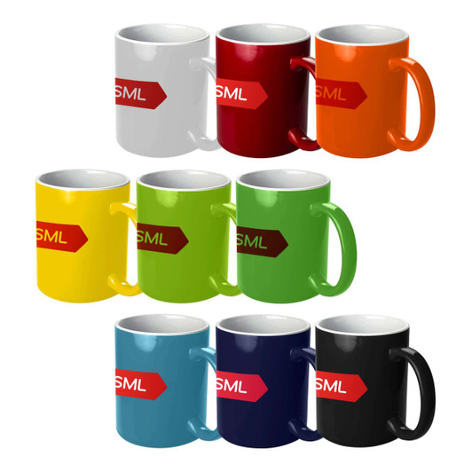A collection of Jona coffee mugs in various colours: white, red, orange, yellow, green, navy, and black, each with a logo.