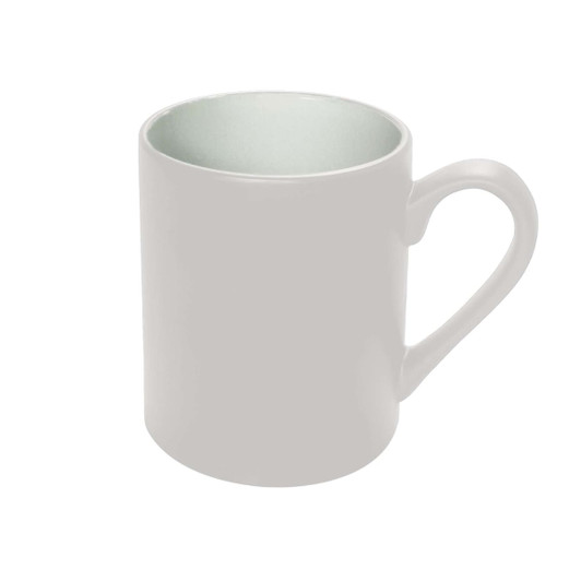 A coffee mug in a light grey exterior with a white interior. It features a handle and a smooth finish, with a logo.