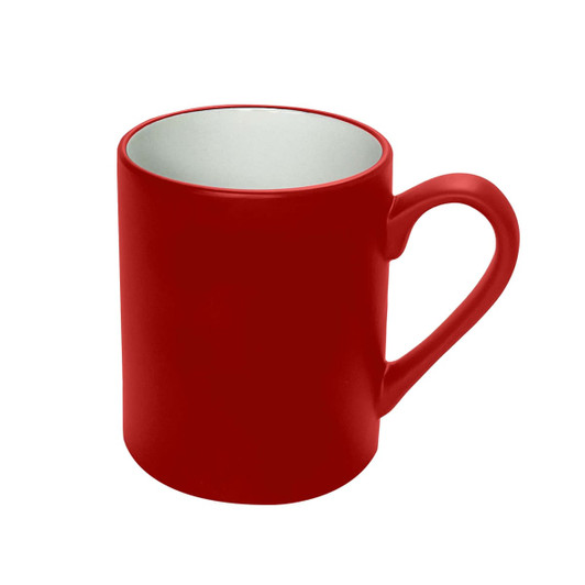 A red coffee mug with a smooth finish and a handle, featuring a contrasting interior colour.