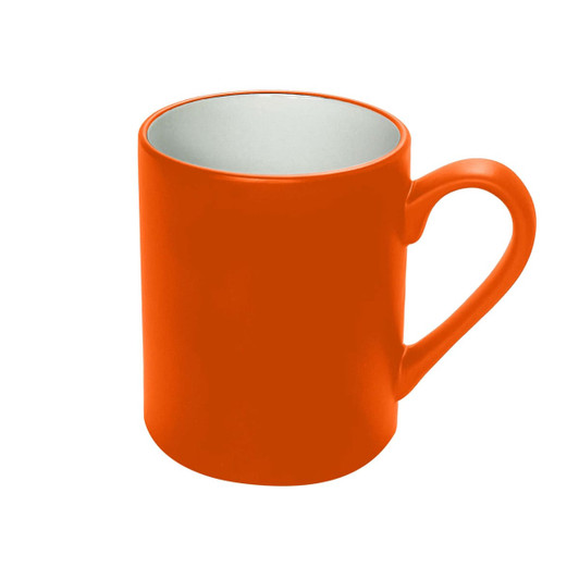 An orange coffee mug with a smooth finish and a contrasting interior. It features a handle and a simple design.