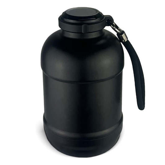 A drink bottle in matte black with a sturdy handle and an attached lid. It features a logo on its surface.