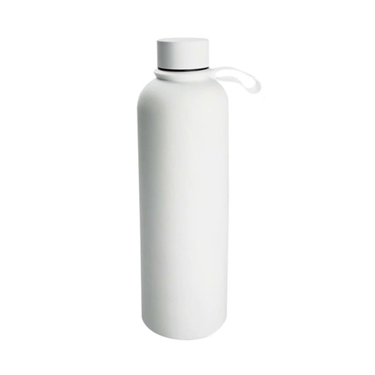 A drink bottle featuring a sleek, cylindrical design in white, with a black lid and strap, and a logo.