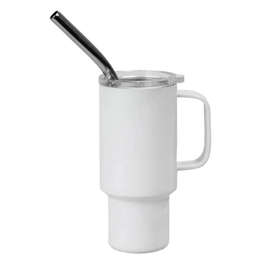A white mini insulated tumbler with a handle and a stainless steel straw, featuring a logo.
