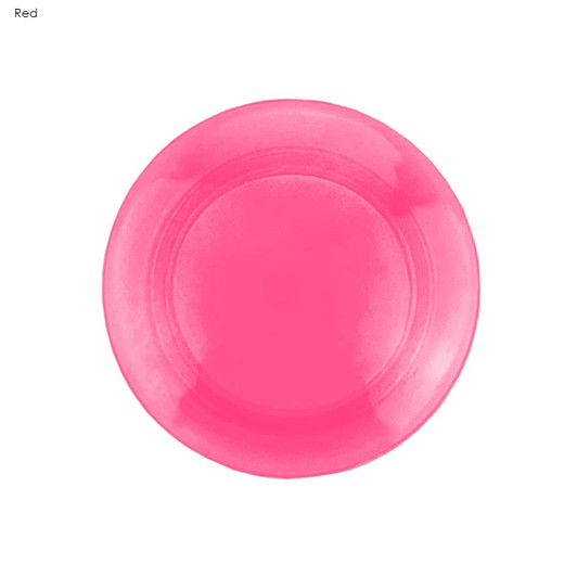 A round, bright pink plastic button magnet with a smooth surface and a flat back.