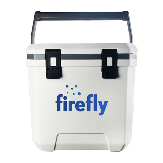 A white cooler box with a grey lid and a handle, featuring a logo on the front.