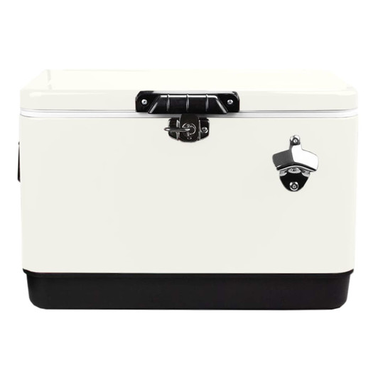 A white and black metal ice cooler box with a secure lid and a bottle opener attachment.
