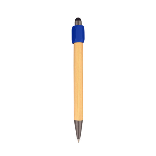 A bamboo stylus pen with a blue cap and a metallic tip, featuring a logo on the cap.