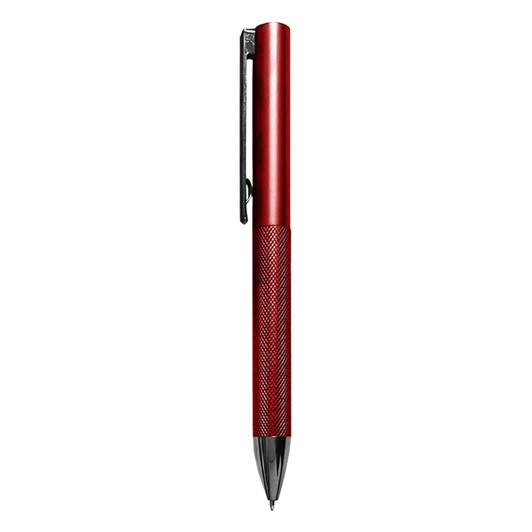 A red metal pen featuring a textured grip and a black clip, with a logo displayed on its side.