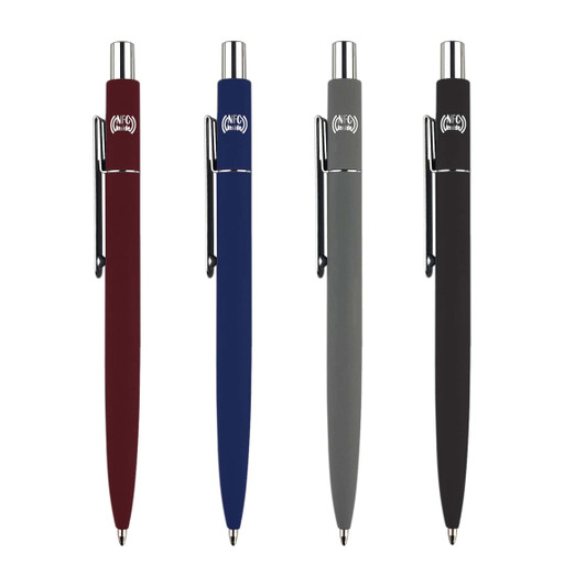 A set of four metal pens in burgundy, blue, grey, and black, each featuring a logo on the barrel.