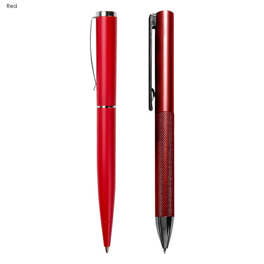 A red metal pen gift set featuring a sleek dispenser pen and a textured metal pen, both with a logo.