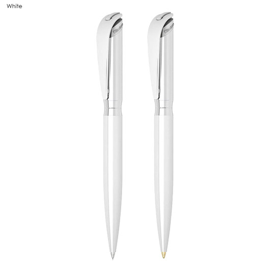 A set of two white pens with silver accents, featuring a sleek design and a branded logo.