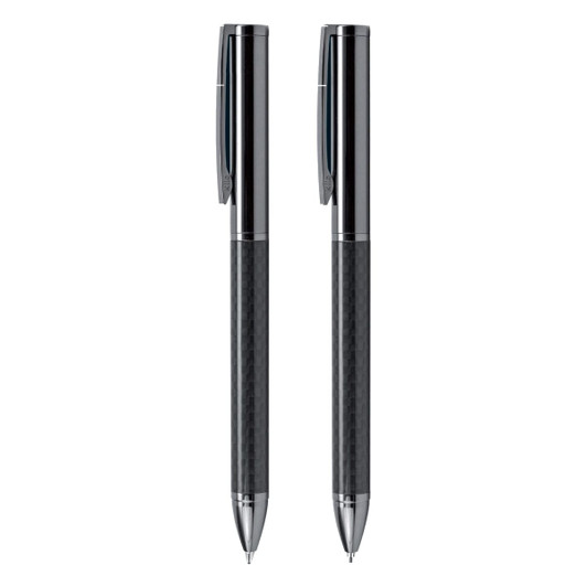 A sleek gift set featuring a carbon-finished pen and pencil, both in a polished chrome design.