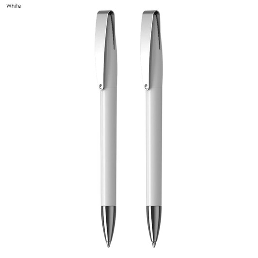 A Prestige Pen Gift Set featuring two white plastic pens with silver accents and clips.