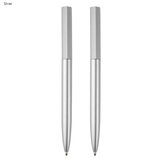 A silver pen gift set featuring two metal pens, elegantly designed with a sleek finish. Includes branding.