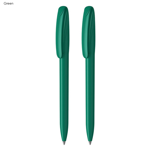 A set of two green plastic pens with a sleek design and clips, featuring a logo on the barrel.
