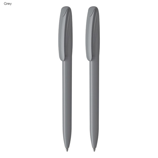 A set of two grey plastic pens with a smooth, sleek design and a branding logo on the barrel.