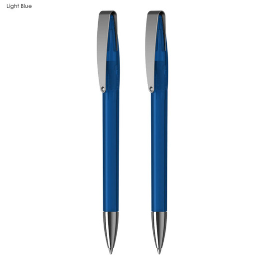 A light blue pen gift set featuring two pens with silver accents, presented in a sleek design.