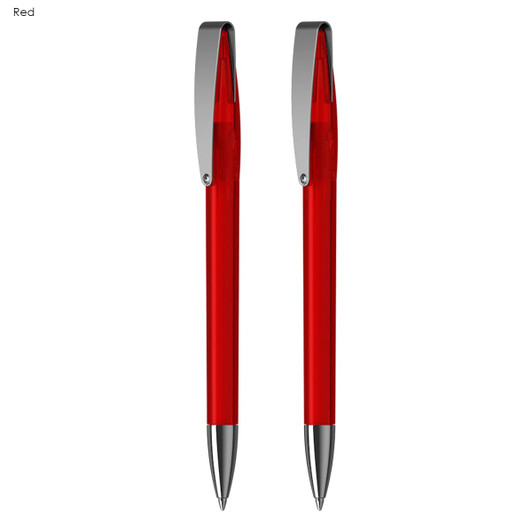 A set of two red pens with silver accents, featuring a sleek design and clip.