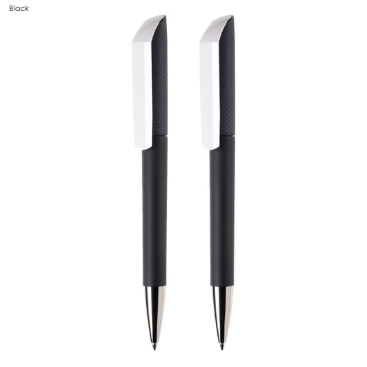 Two black plastic pens with a textured grip and shiny silver tips, featuring a branding logo.