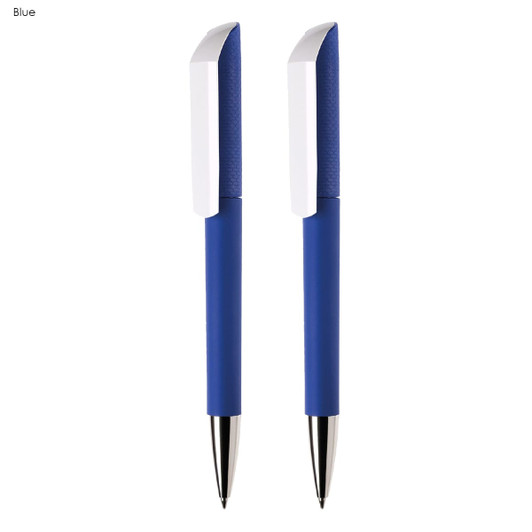 A set of two blue plastic pens with white accents and a logo on the clip.