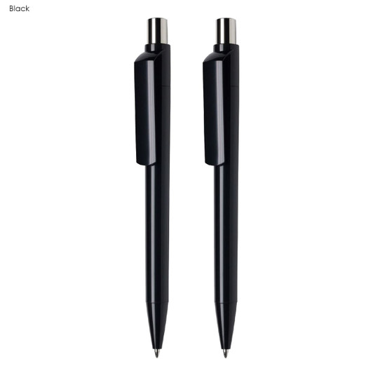 A black pen gift set featuring two sleek, matching pens with a modern design and a logo.