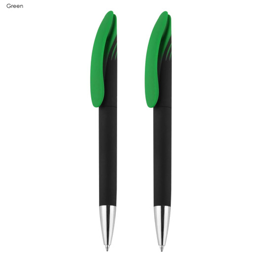 Aster Signature Pen Gift Set featuring two pens with black bodies and vibrant green grips. Includes a branding logo.