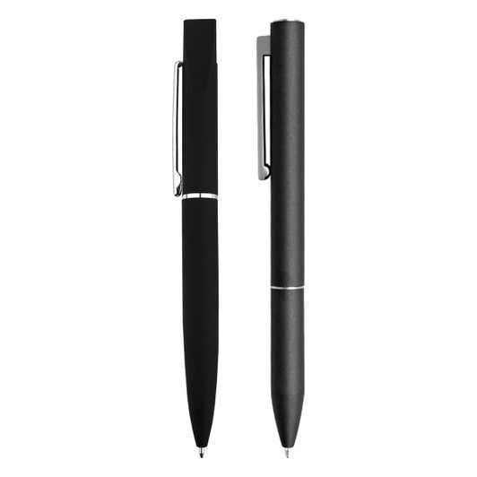 A pen gift set featuring two metal pens in black, with a simple design and metal clips. Includes a branded logo.