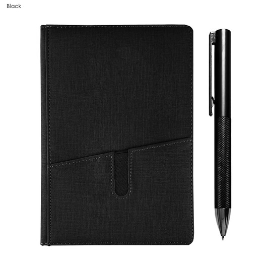 A black notebook with a textured cover and a sleek black pen, featuring a branding logo.