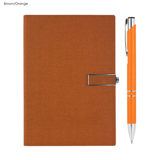 A brown notebook with an orange pen beside it, featuring a clasp closure and a textured cover.