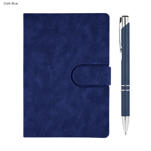 A dark blue notebook with a clasp and a matching pen, part of the Rewiz Notebook and Pen Gift Set.
