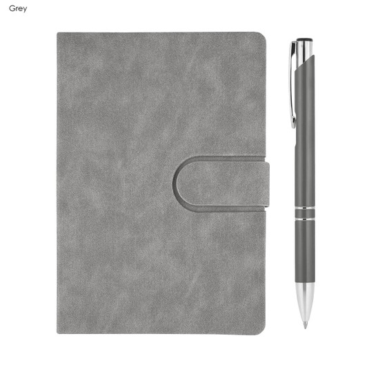 A grey notebook with a clasp and a matching pen, both featured in a sleek gift set.