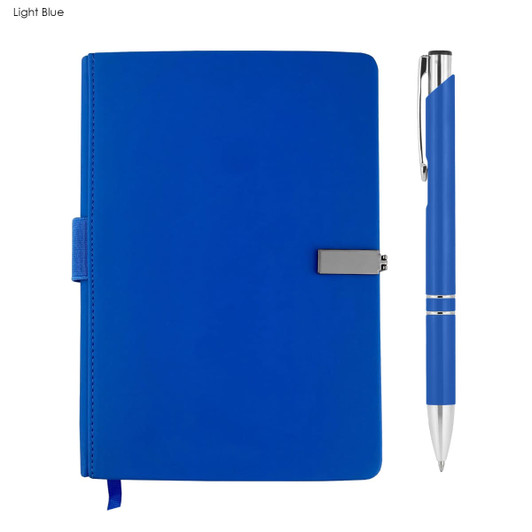 A light blue notebook with a silver clasp and a matching pen, presented as a gift set.