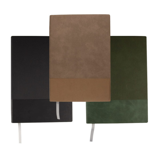 A set of three A5 notebooks in black, olive green, and tan, featuring textured covers and ribbon bookmarks.