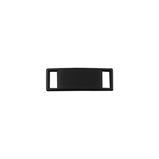 A black luxury shoelace charm with two openings on either end. It has a smooth, sleek design.