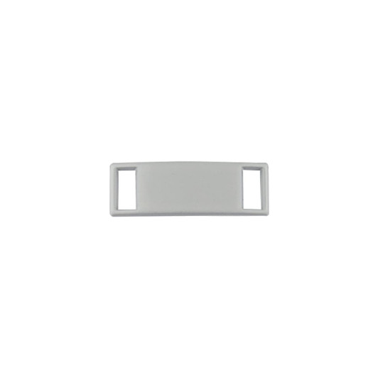 A white luxury shoelace charm with rectangular openings at both ends for attachment.