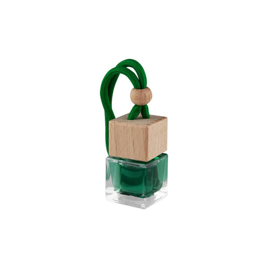 A green car reed diffuser with a wooden cap and a green cord for hanging.