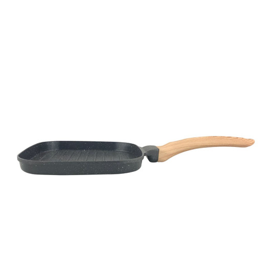 A square grill pan featuring a non-stick surface and a wooden handle, coloured in dark grey with a speckled finish.