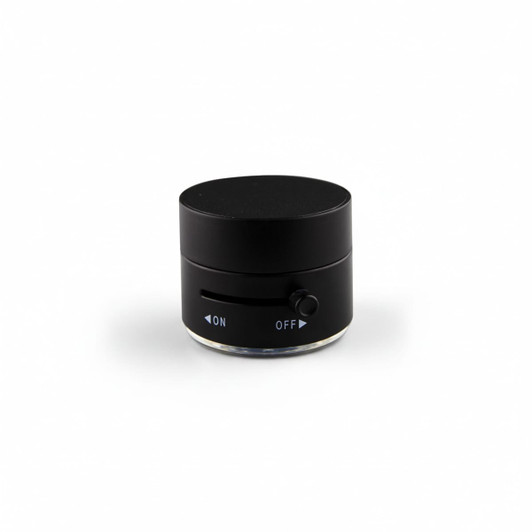 A black adjustable magnetic mobile stand with a rounded design and a sliding switch for on and off functions.