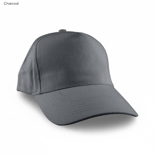 A grey cap with a structured design and a curved brim, featuring a logo on the front.