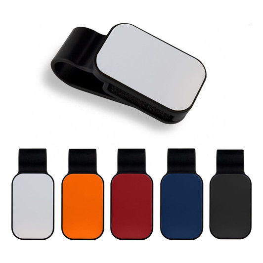 A car visor sunglass holder in various colours: black, orange, red, navy, and grey, with a logo on it.