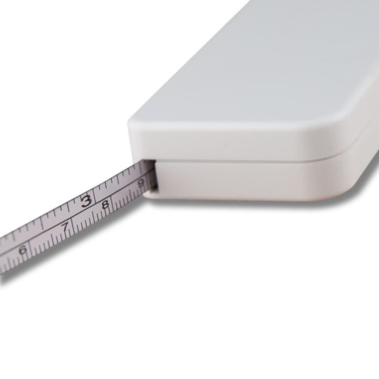 A screwdriver tape measure in white, featuring a retractable measuring tape visible at the side. It has a simple design and a logo.